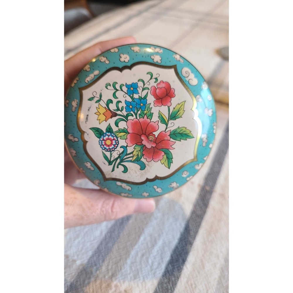 Vintage Daher Decorated Ware Floral Tin Made in England Turquoise Gold Round Box